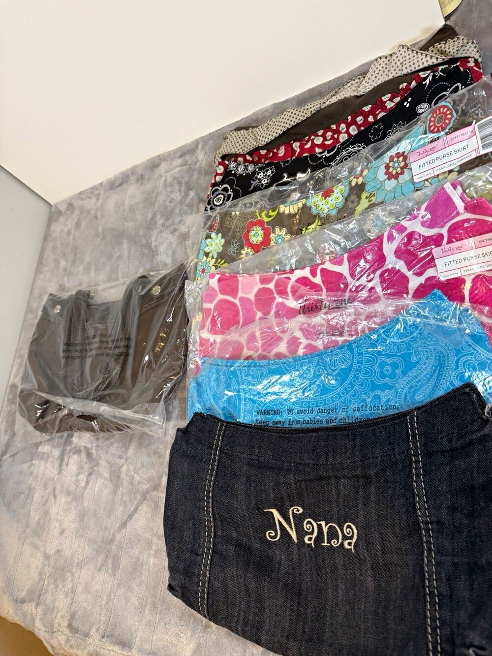 Thirty-One Brown BoHo Skirt Purse w/ 6 Purse Skirts Denim Nana, Floral, more